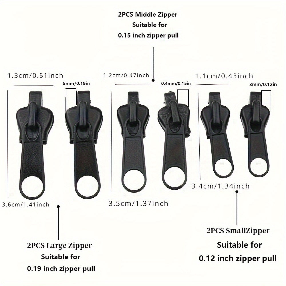 Set of 6 waterproof replacement zippers in multiple sizes with a universal design.