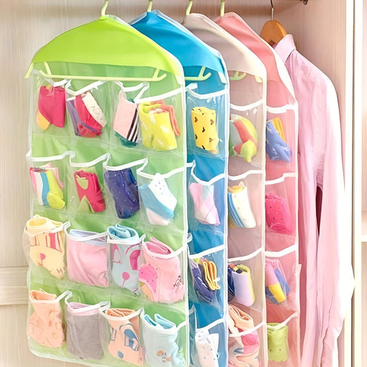 Vibrant 16-pocket hanging organizer for socks, underwear, and small items made of durable polyester with mesh pockets, perfect for bedroom or living room.