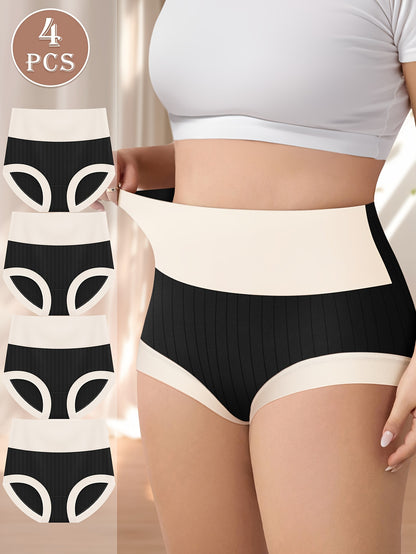 4pcs Plus Size Elegant Panties, Women's Colorblock Ribbed High Waisted Daily Briefs