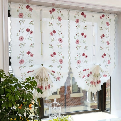 Roman curtain with elegant red flower embroidery, suitable for living room, bedroom, and kitchen. Ideal for adding a touch of sophistication to your indoor cafe kitchen decor.