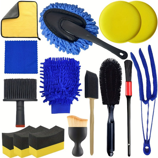 Full car detailing set includes wash mitt, wheel brush, dusting brush, vent cleaning tool, long & short brushes, wax applicator sponge, and duster - non-electric.