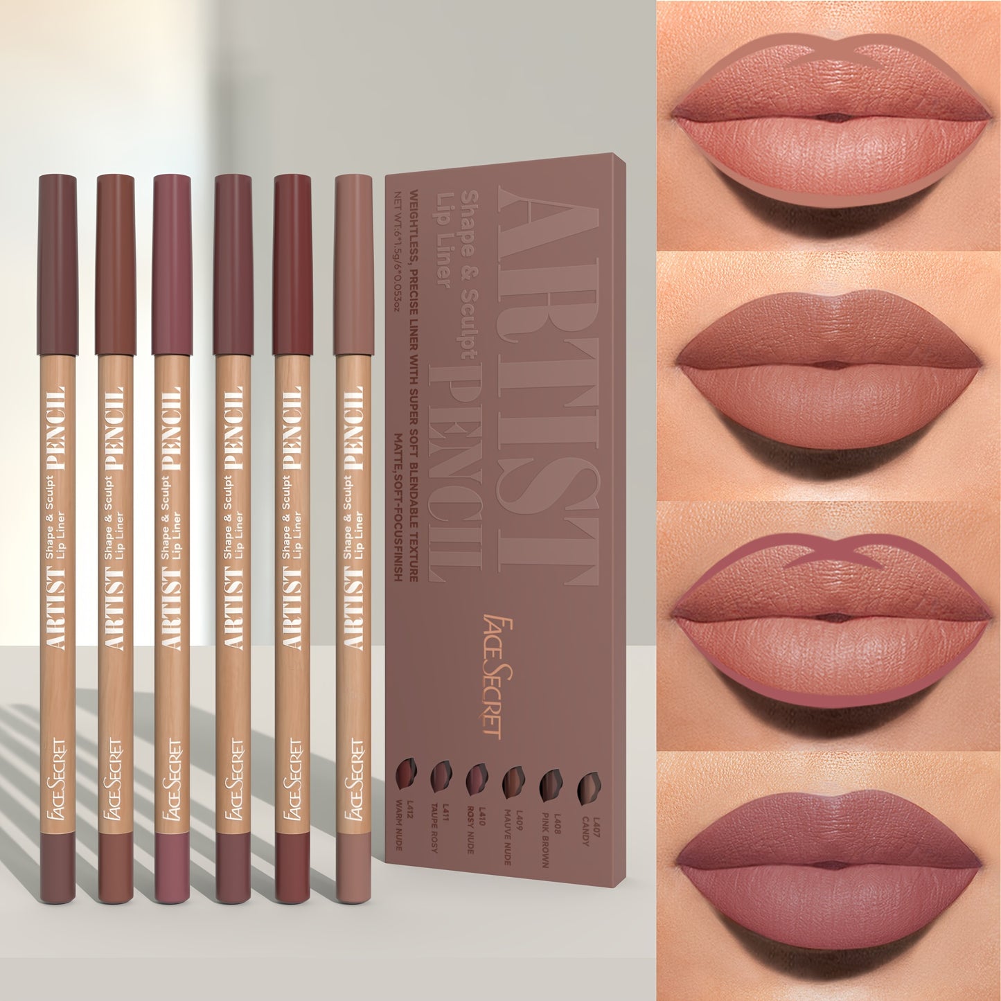 6-piece set of nude lip liners, with waterproof matte finish, long-lasting color, and easy application for daily makeup.