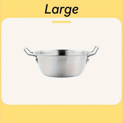 Durable stainless steel bowl with handles for versatile use, ideal for Asian cuisine.