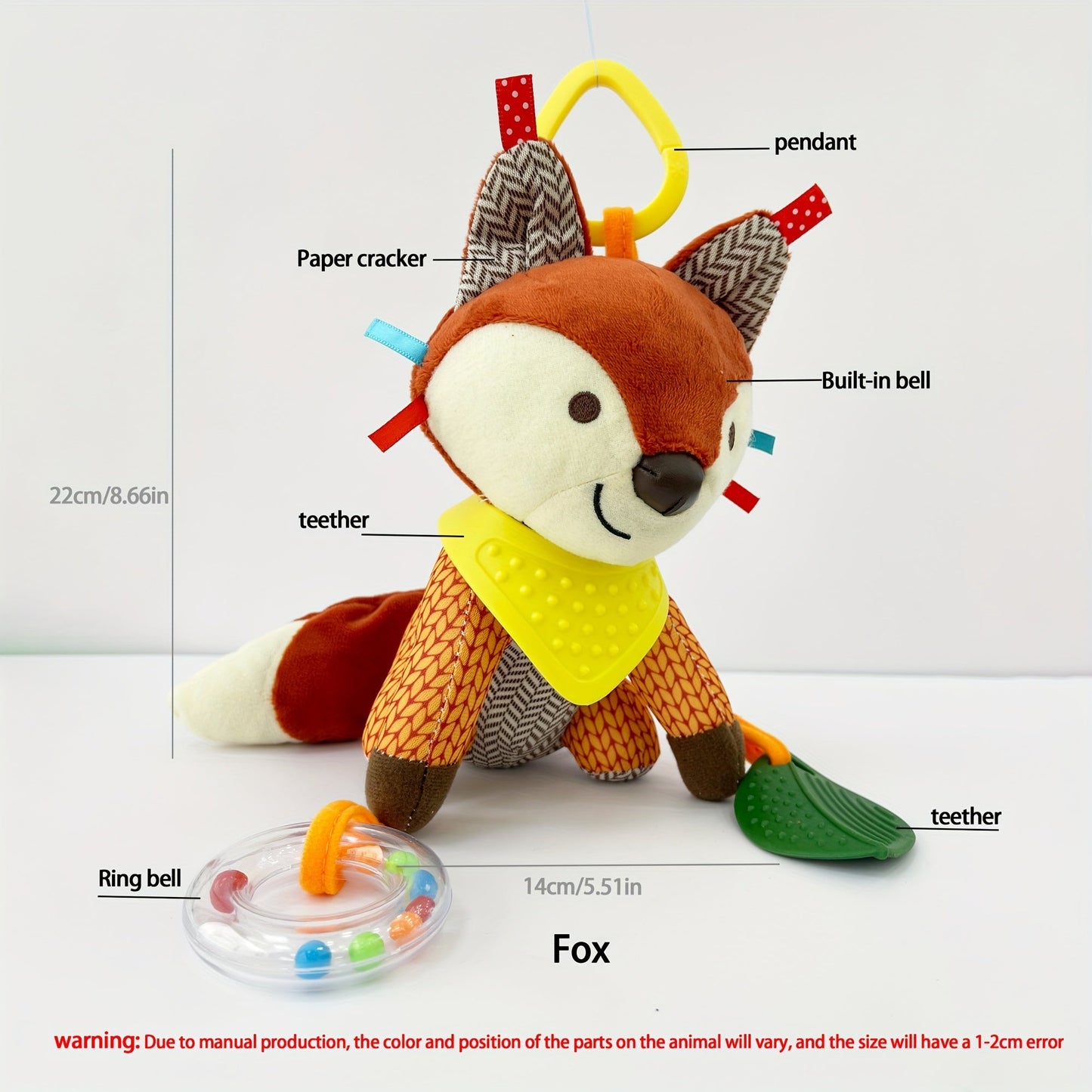 This plush toy featuring an elephant, fox, lion, dog, and raccoon can be used as a stroller hanging toy, doll, or a perfect gift for birthdays, Christmas, Thanksgiving, New Year, or Easter.