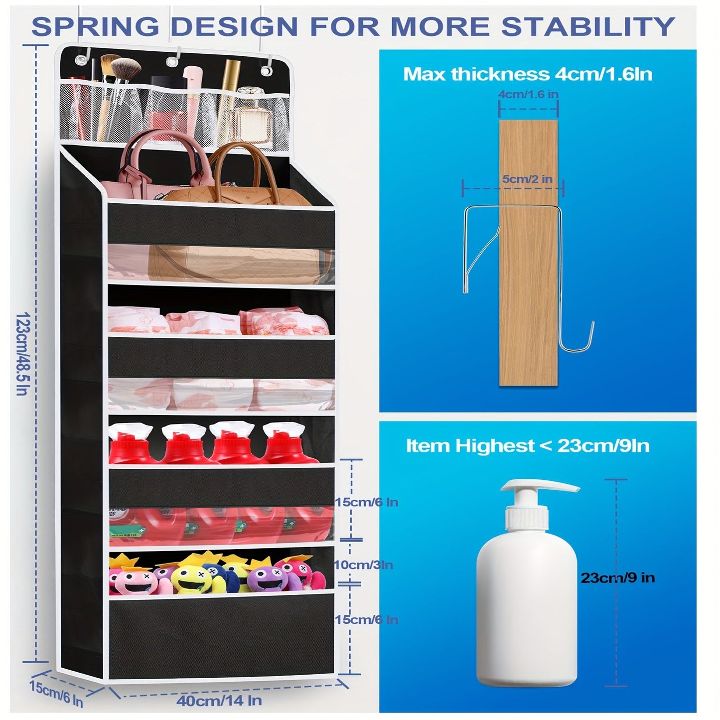 5 Bins and 10 Side Pockets Over-the-Door Organizer, Holds up to 19.96KG, Perfect for Bathroom and Bedroom Storage, No Tilting Closet Organizer