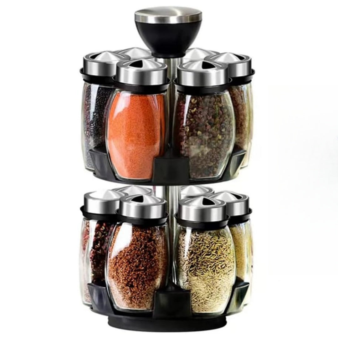 Presenting a rotating 12-jar spice rack organizer, perfect for kitchen countertops. Each rack comes with 12 glass jars, making it an ideal gift for chefs and food enthusiasts (spices not included).