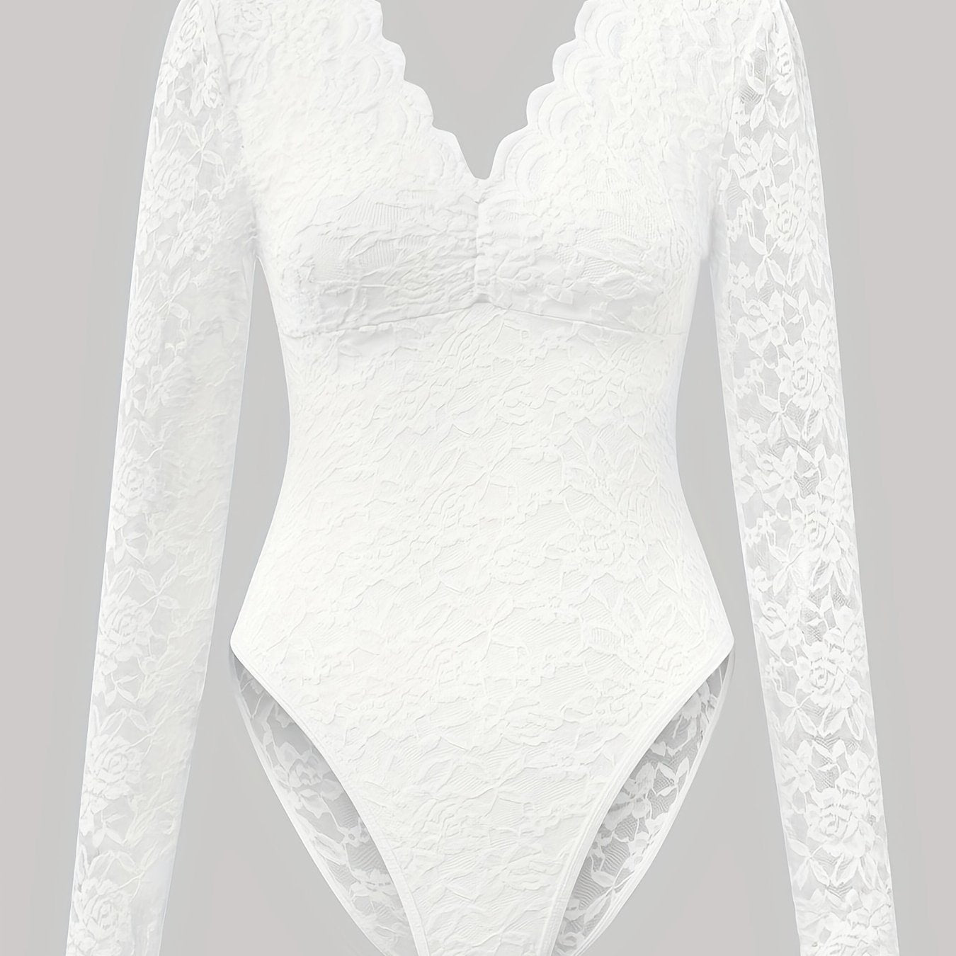 Stylish lace bodysuit with long sleeves, slim fit, see-through design, solid color, and floral print - made of polyester and elastane blend, recommend hand wash or dry clean.