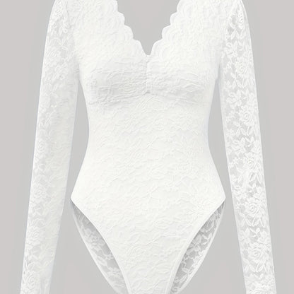 Stylish lace bodysuit with long sleeves, slim fit, see-through design, solid color, and floral print - made of polyester and elastane blend, recommend hand wash or dry clean.