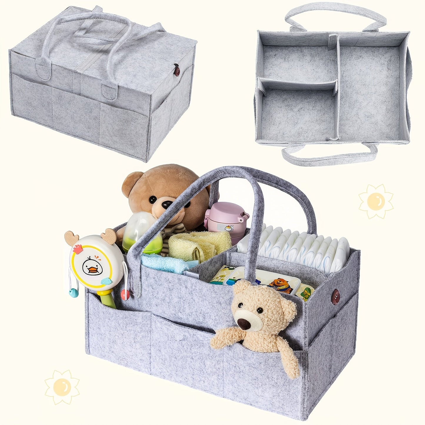 Diaper Organizer Set with Lid - Includes 1pc Felt Diaper Bag Organizer, Diaper Caddy Nursery Basket, Tote Bag, Mommy Handy Organizer, and Stroller Diaper Organizer. Portable for Car Travel in Gray - Great as a Halloween, Thanksgiving, or Christmas Gift!