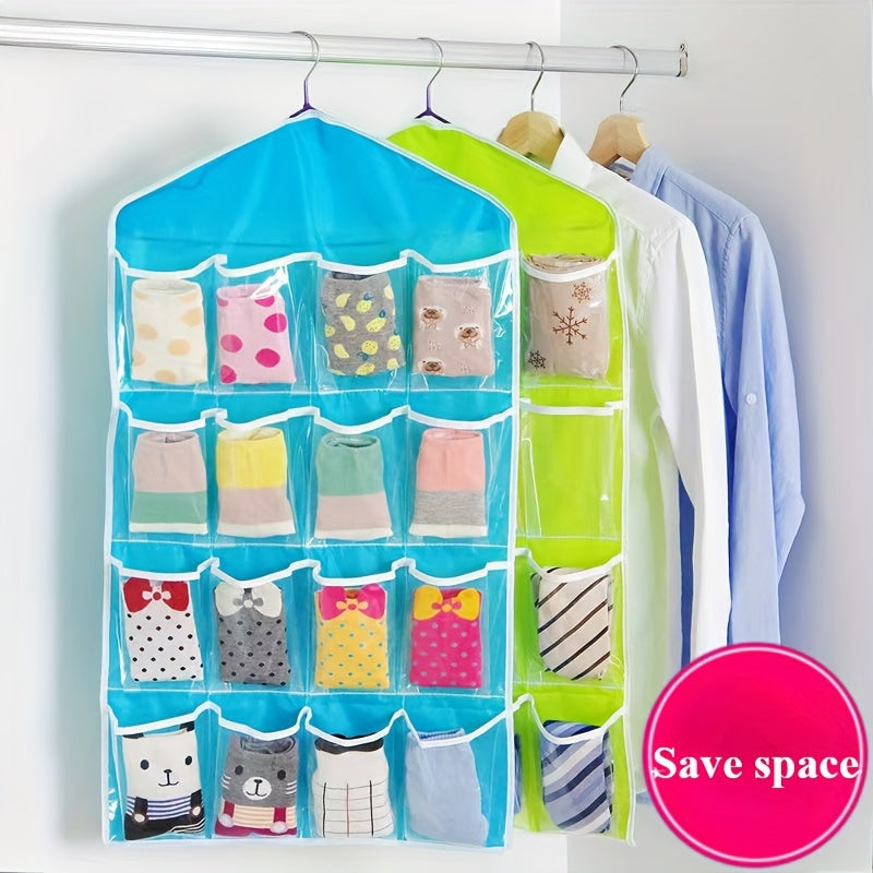 Set of 3 hanging storage bags with 16 pockets for socks, underwear, and accessories. Space-saving wardrobe organizers for home organization.