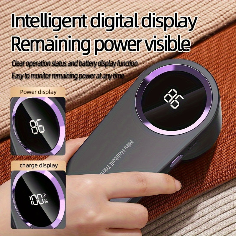 Lint remover ball, rechargeable via USB, fabric shaver/trimmer, power display, ideal for home, travel, and grooming.