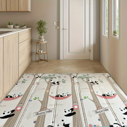 Easily cleanable young kids' play mat with cute panda design, double-sided and foldable, made of non-toxic PE material, perfect for early learning and bedroom playtime, measures 200.66cm x 180.34cm.