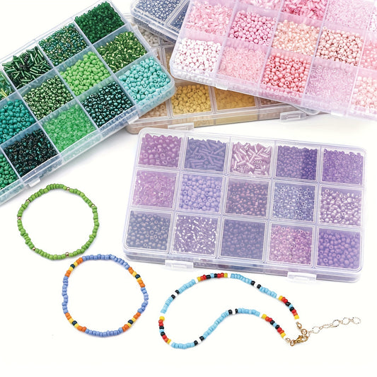 DIY Jewelry Making Kit: 15 Grids of Solid Color Rice Beads & Tube Beads with Transparent Glass Beads in 1 Box.