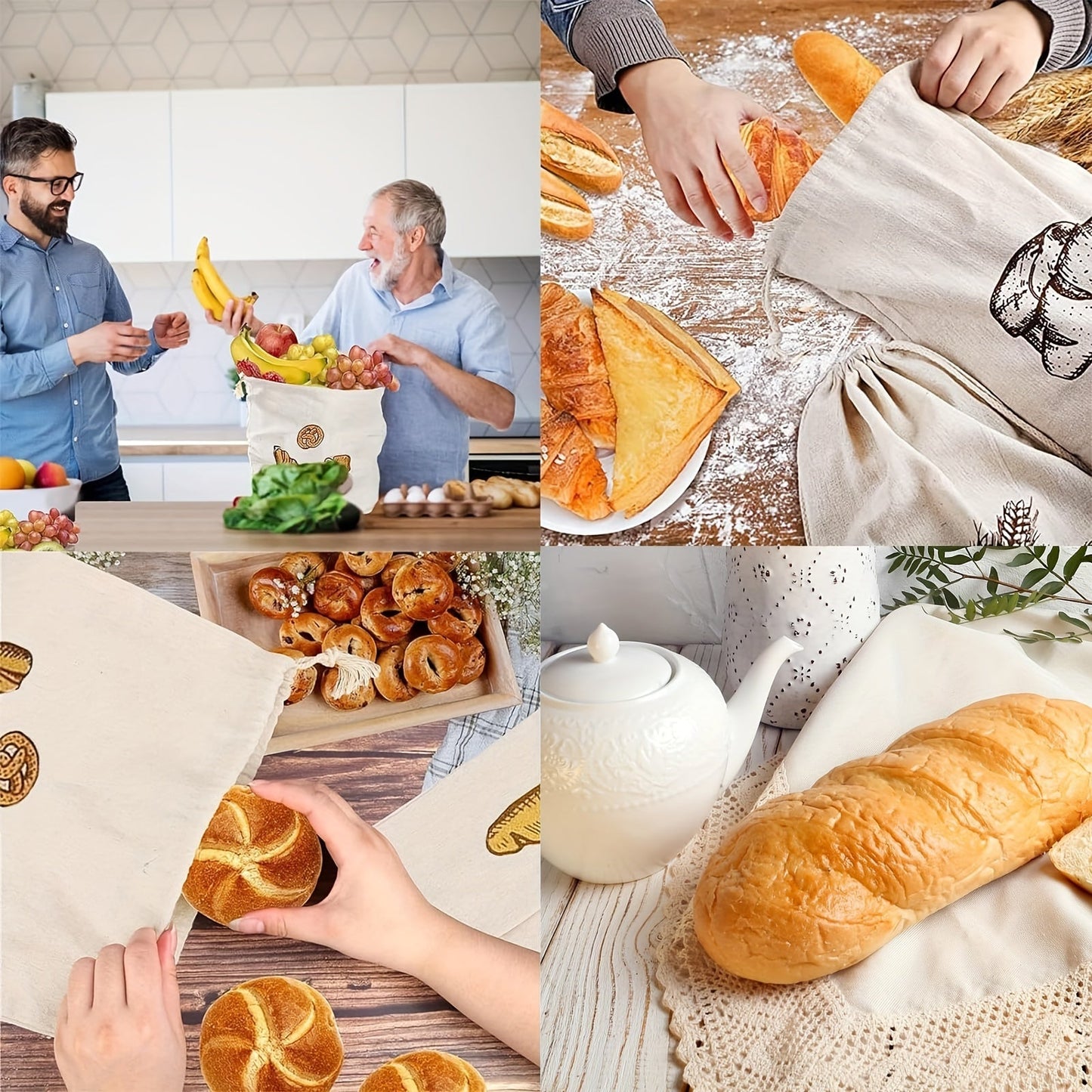 Set of three linen bread bags designed for storing homemade and artisan bread. These reusable fabric containers are unbleached and feature a drawstring closure for safe food contact.