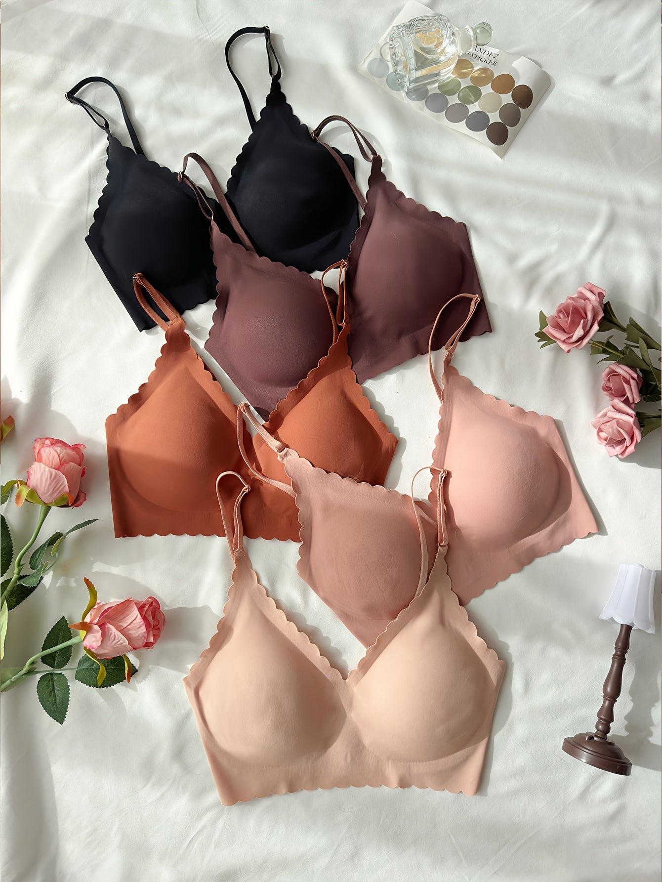 5 Elegant Solid Bras with Scallop Trim, Adjustable Straps, Seamless T-shirt Style; Women's Lingerie & Underwear