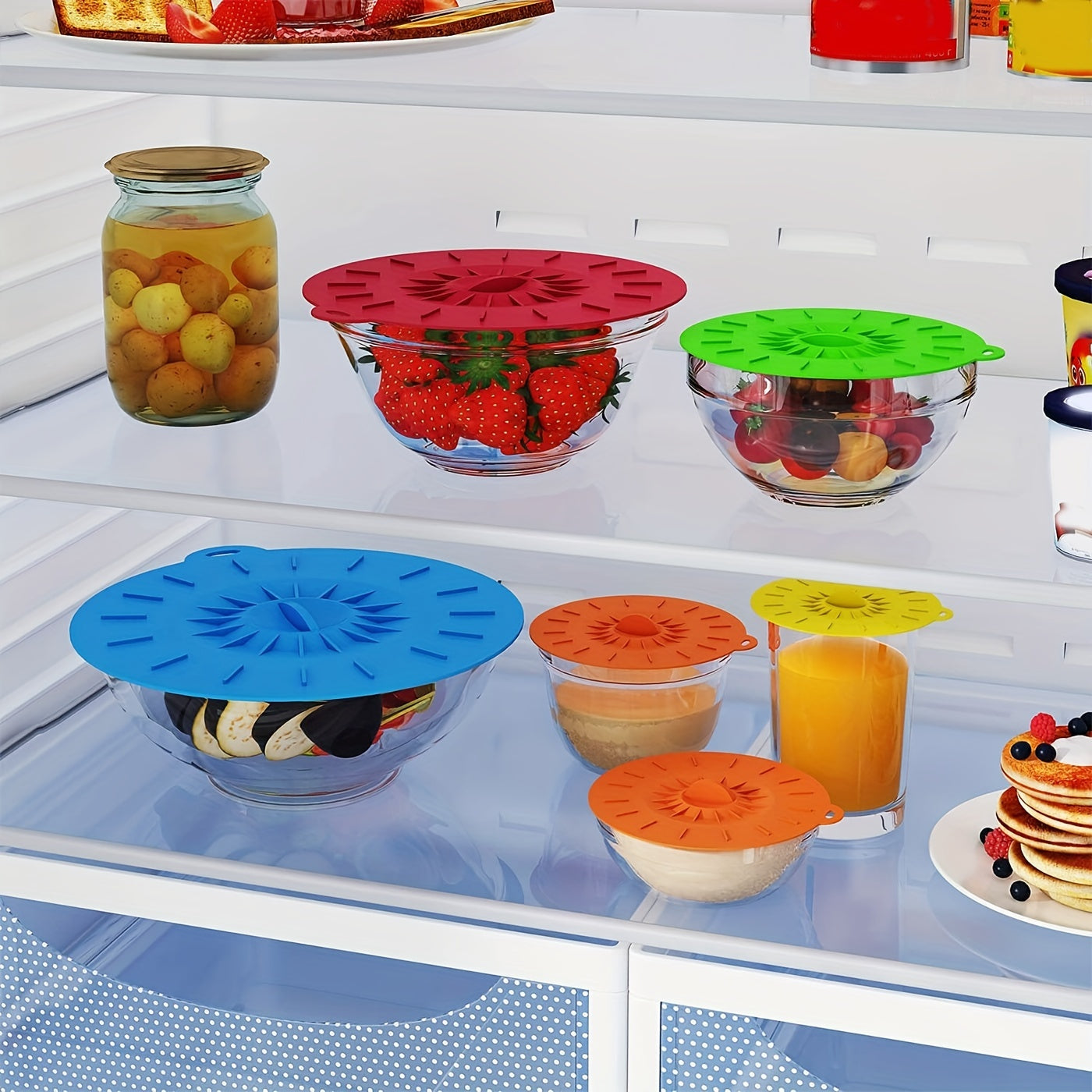 Set of 5 Silicone Lids - Durable and Eco-Friendly Covers for Bowls, Pots, and More - Safe for Heat, BPA-Free, and Dishwasher-Friendly - Ideal for Microwave, Oven, and Fridge Use - Convenient Hanging Buckle for Easy Storage.