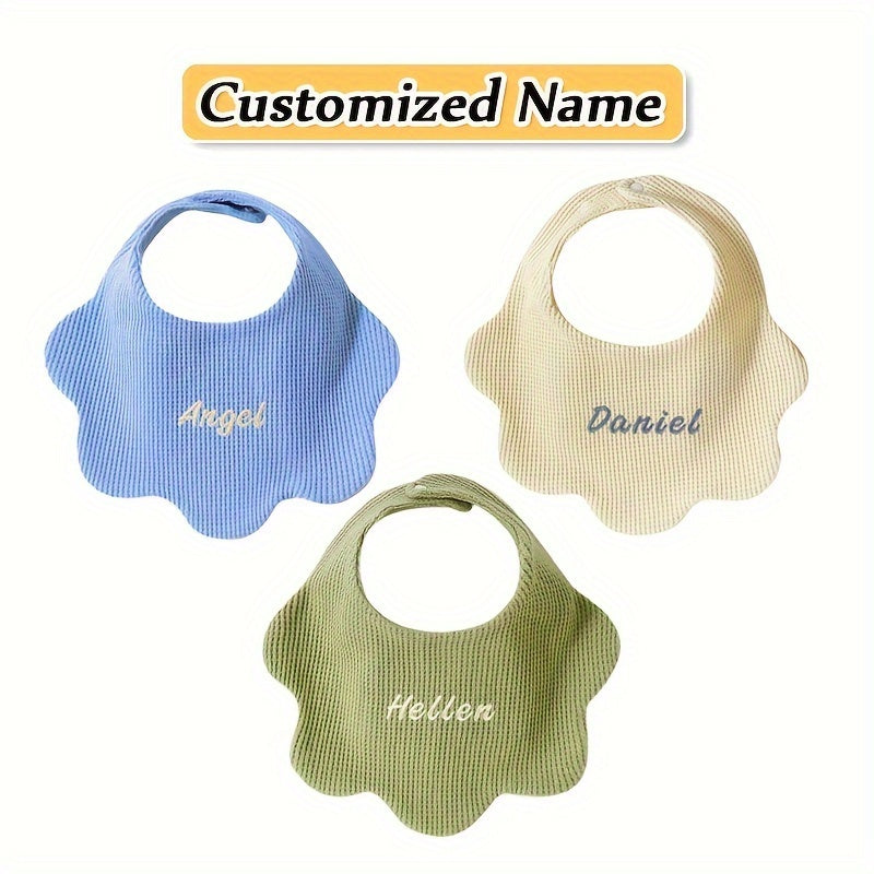 3 Packs of Pure Cotton Baby Bibs with Customized Name, Soft and Breathable, Highly Absorbent, Adjustable Snaps, Ideal Birth or Holiday Gift