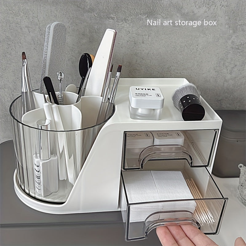 1pc Multi-Functional Rotating Makeup Organizer with 5-Compartment Nail Art Tool Storage, Transparent & Golden Accents, Easy Access Push-Pull Design, Odorless - Ideal for Brushes, Cosmetics