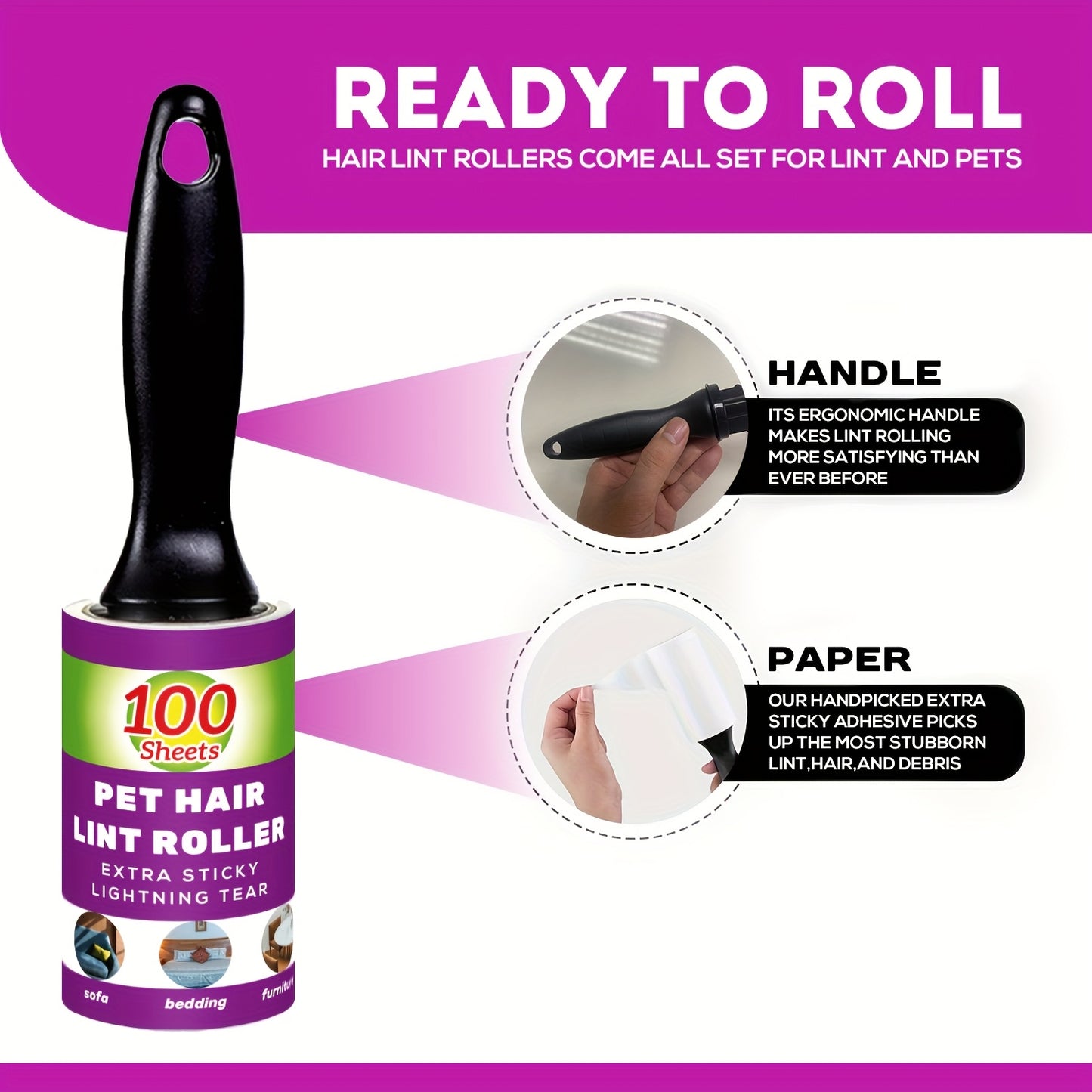 Lint roller with 600/300/100 sheets, extra sticky for pet hair removal on furniture, carpet, and clothes. Portable and tearable sticky sheets. 100 sheets per roll.