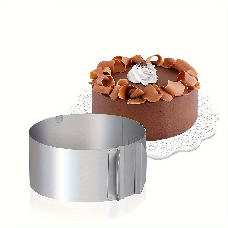 Adjustable stainless steel cake ring mold for baking round cakes and creating retractable mousse cakes, complete with circle baking tools.