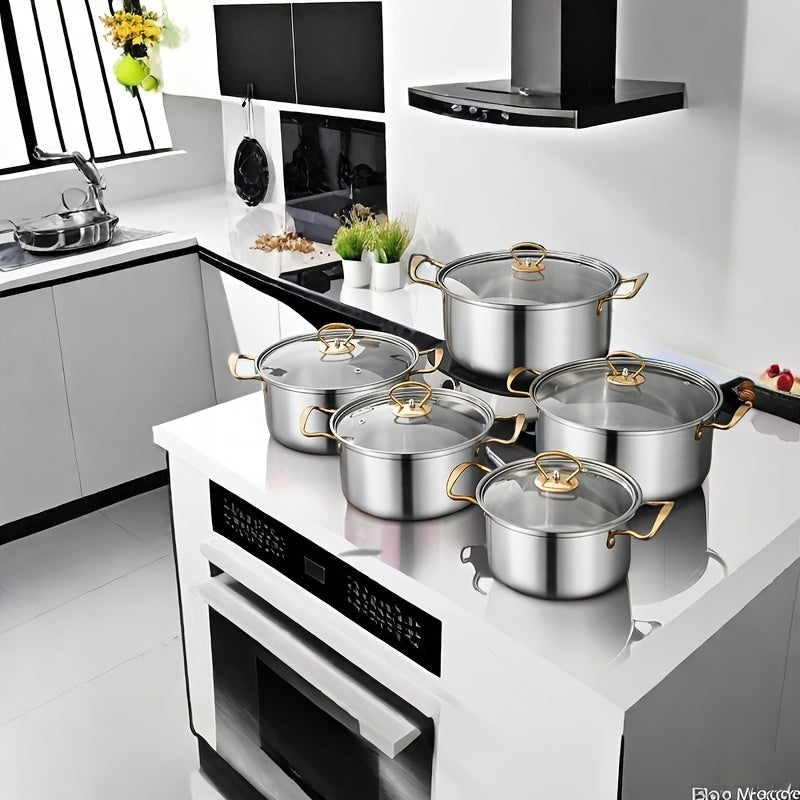 Set of 12 high-quality pots made of 400 stainless steel, suitable for use on induction cookers and gas stoves. This practical and durable pot set is perfect for any household and provides versatile cooking options.