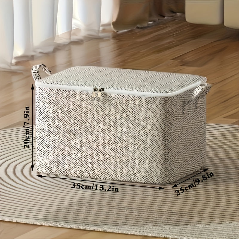 Folding storage box with handle and large capacity, fashionable gray striped pattern, perfect for organizing toys and clothing in the wardrobe.