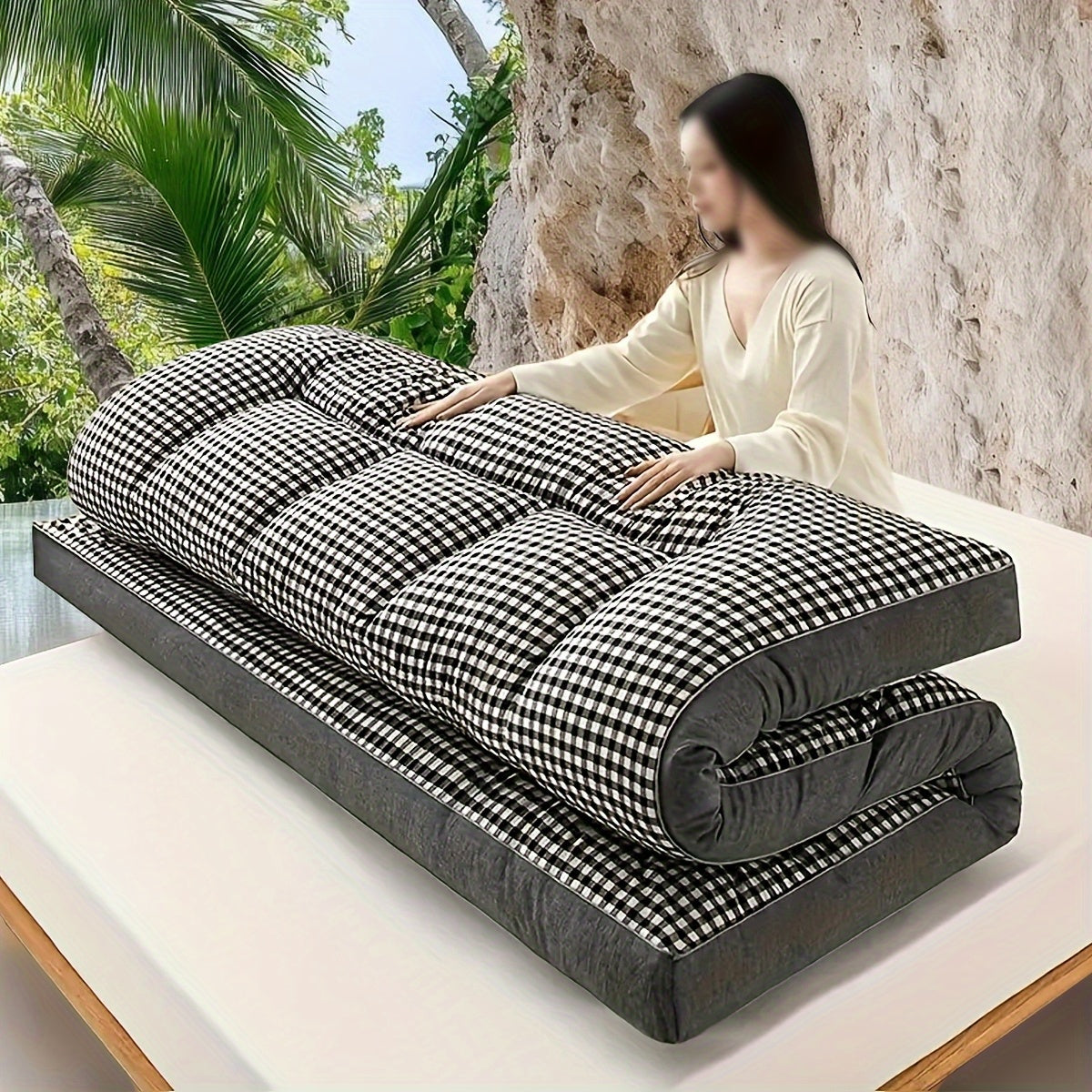 Plaid foam mattress for camping and hiking. Breathable polyester cover, all-season comfort, machine washable. Ideal for bedroom, guest room, dorm. Great gift for holidays and special