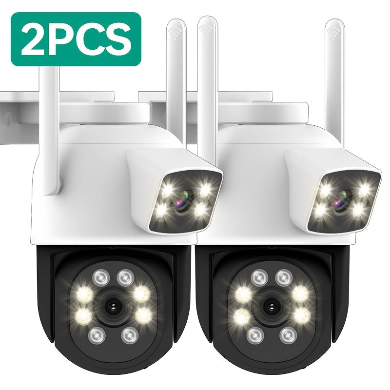 Two Dual Lens Security Cameras - Features Wireless 5G WiFi, 4MP HD, Pan/Tilt, Human Tracking, Two-Way Audio, Color Night Vision, IP65 Waterproof, USB Powered, and utilizes the Eseecloud App