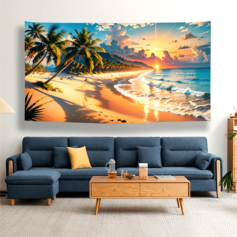 Tropical Beach Paradise Tapestry featuring Palm Trees and Sunset Beach, Stunning Artwork for Home Decor