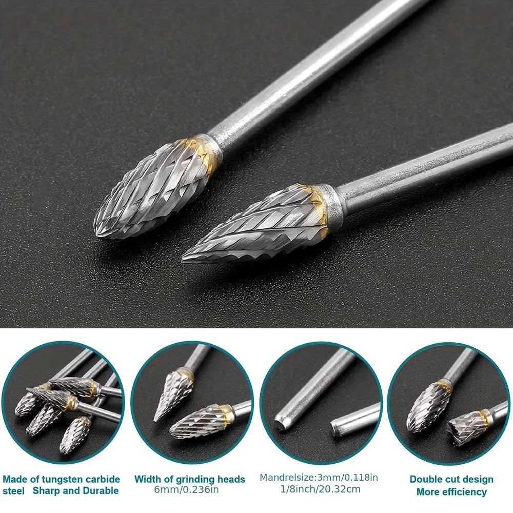 10-piece set of high-performance tungsten carbide rotary burrs with 1/8" shank for precise grinding and carving. Double cut for efficiency.