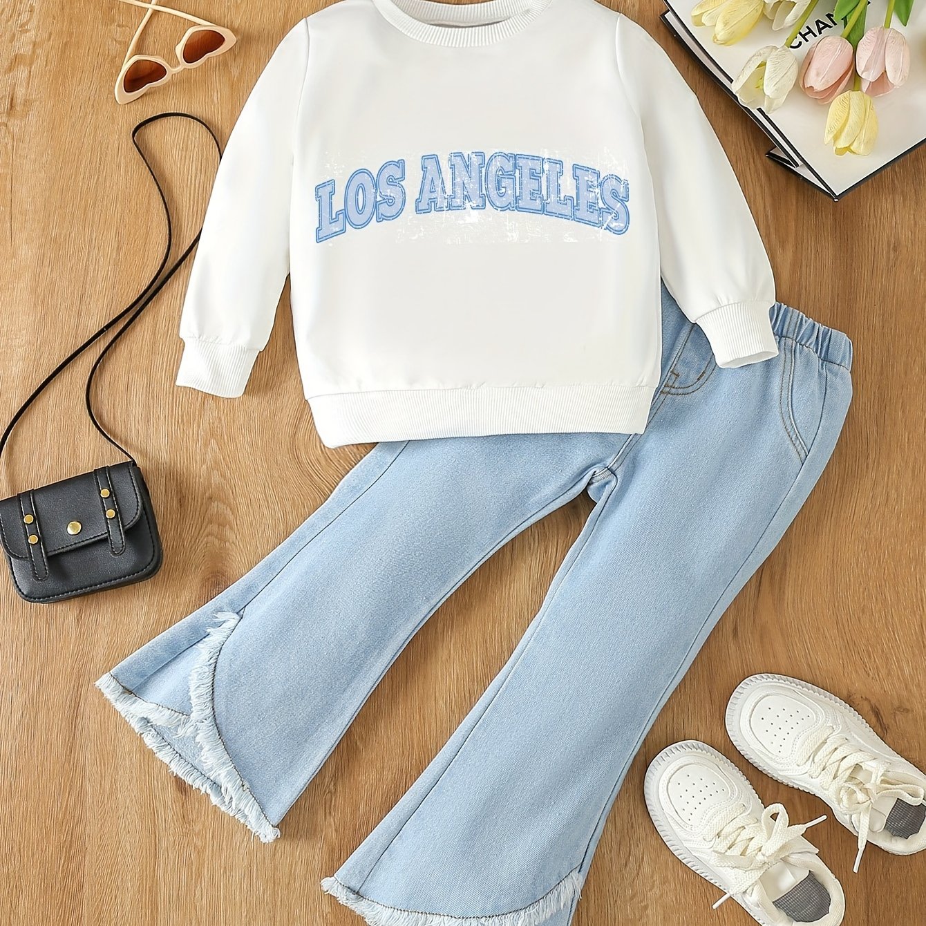 Girl's casual style sweatshirt with letter print and denim bell-bottomed fringe pants set for spring and autumn