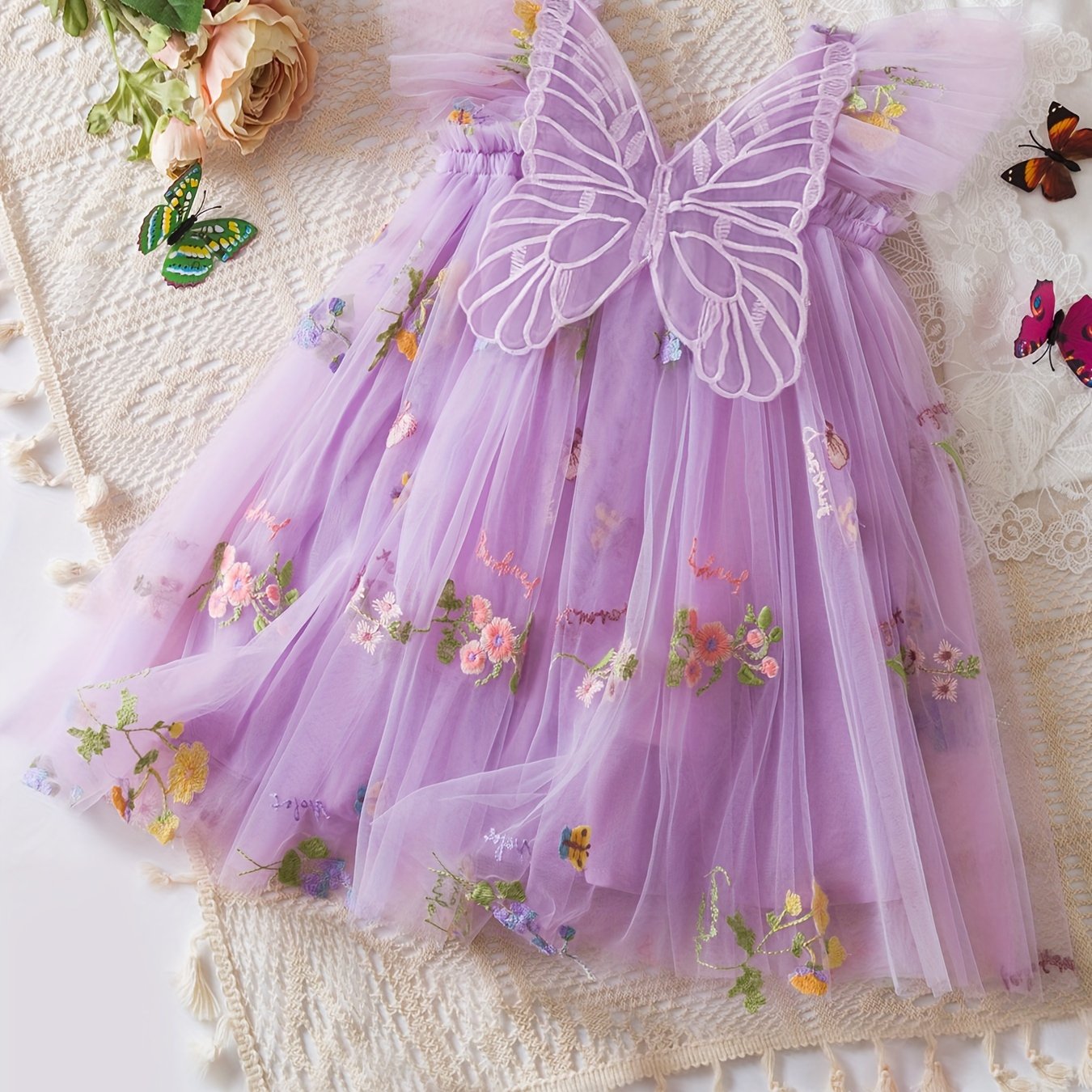 Girls Butterfly Princess Dress with Wings and Floral Mesh - Perfect Holiday Party Gift