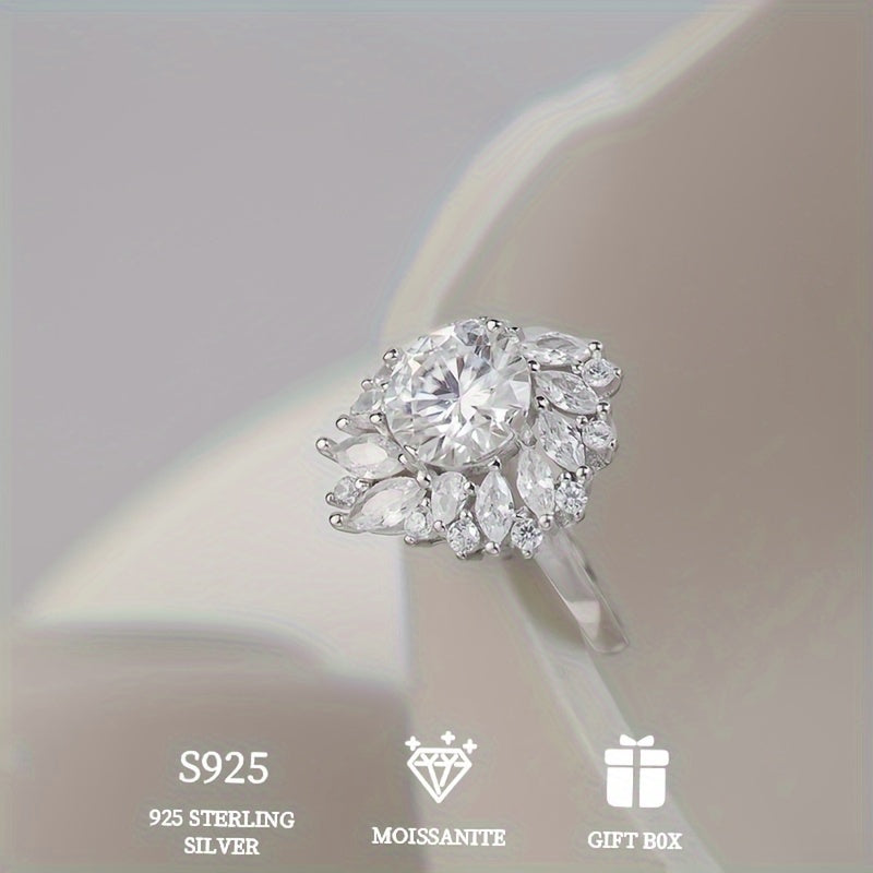 Luxurious Valentine's Day Wedding Engagement Gift - Beautiful and Hypoallergenic 925 Sterling Silver 2ct Edge Flower Ring for Her, Includes Moissanite Certificate and Elegant Gift Box