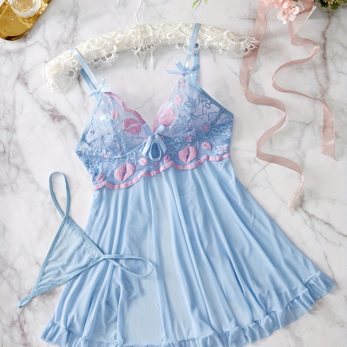 Lace Patchwork Suspender Dress Set for Women