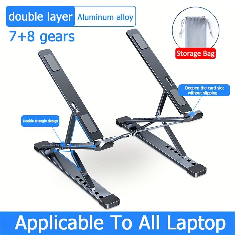 Portable and foldable adjustable aluminum laptop stand for MacBook, PC, tablet, and notebook with secure clamp design. Made of durable aluminum alloy construction. Ideal for office desks.