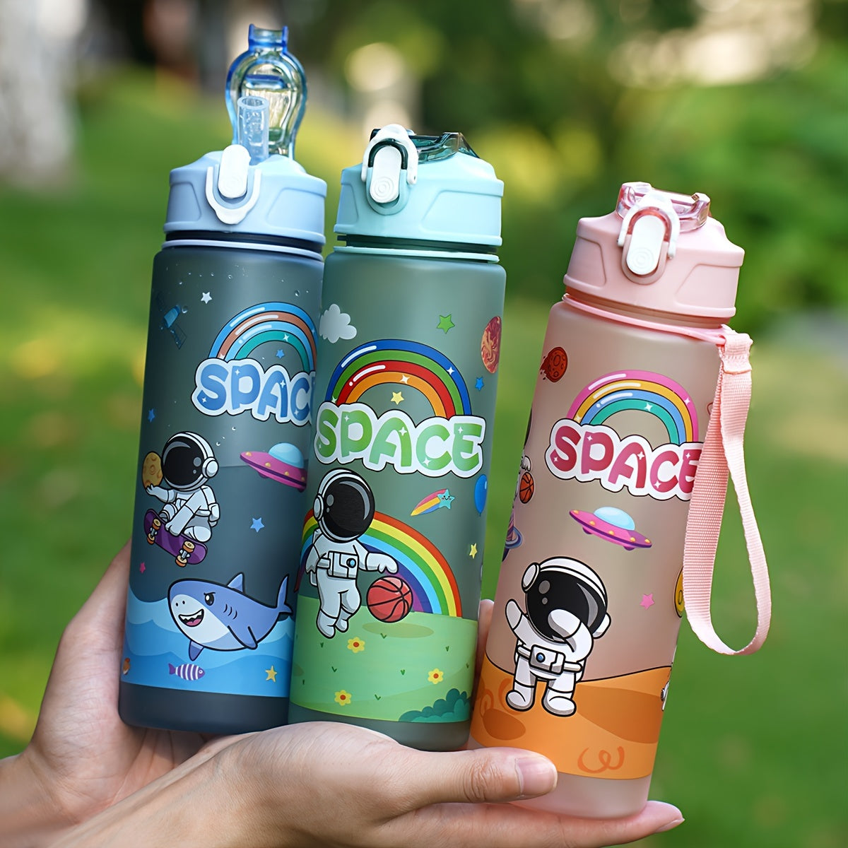 21oz astronaut sports water bottle with straw and carrying rope - durable and leakproof for outdoor activities, school, and hiking.