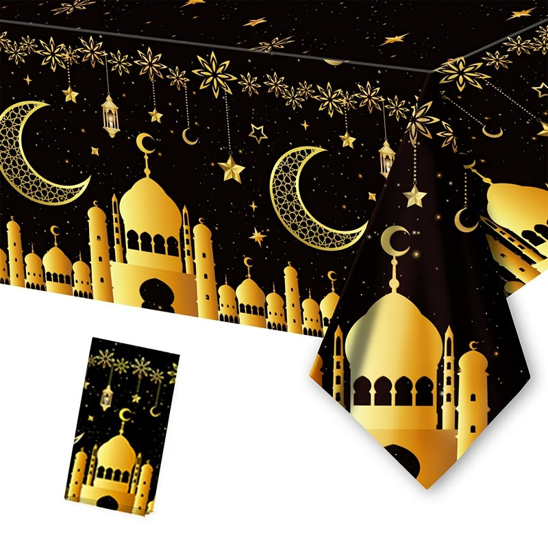 Eid Mubarak tablecloth for Islamic celebrations, featuring moon and star design in black and gold. 130x220cm machine-made plastic tablecover for Eid Al Adha and Ramadan Kareem parties.