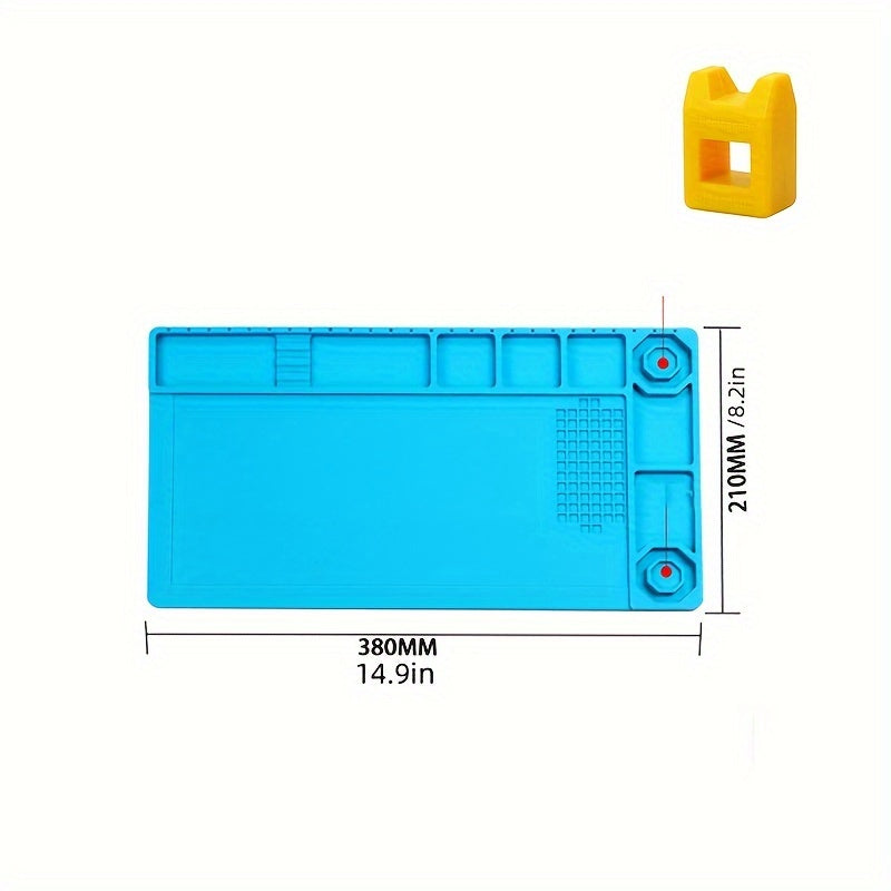 Silicone repair mat with magnetic tools for mobile phone and computer repair. Great for high-temperature heat gun welding. Ideal for digital repair workstations.