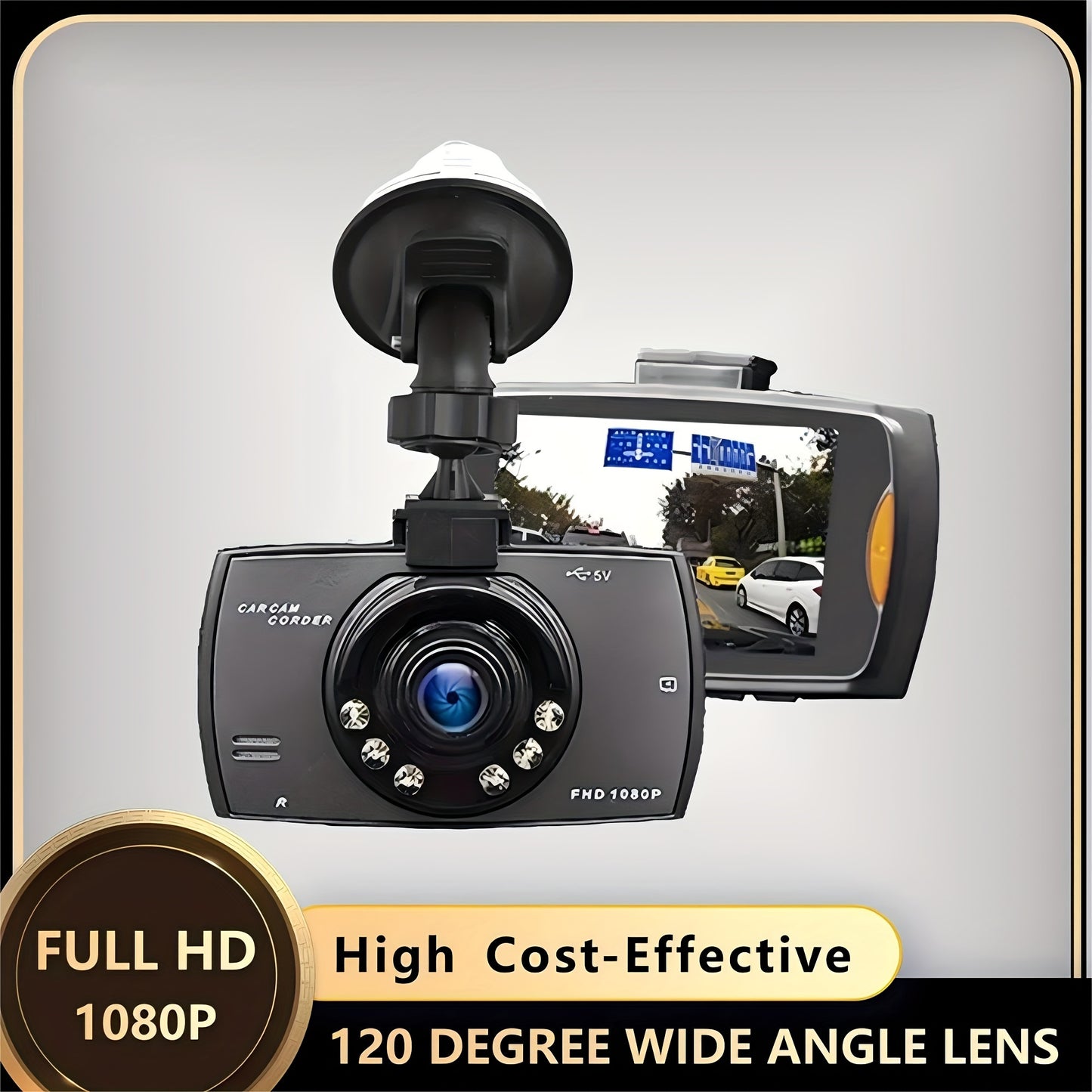 Compact HD dash cam with infrared night vision, loop recording, wide-angle lens, 6.1cm IPS screen, full HD 1080P, and suction cup mount, ideal for cars.