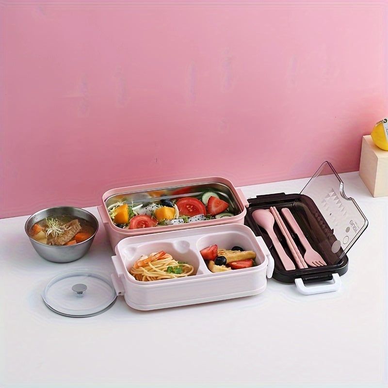 Colorful Double-Layer Leakproof Lunch Box with Cutlery Set, 1pc - Microwave Safe, Durable Plastic, Rectangular Bento Box ideal for Students & Office Workers; Comes in Pink, Blue, Green, and Dark Teal Options.