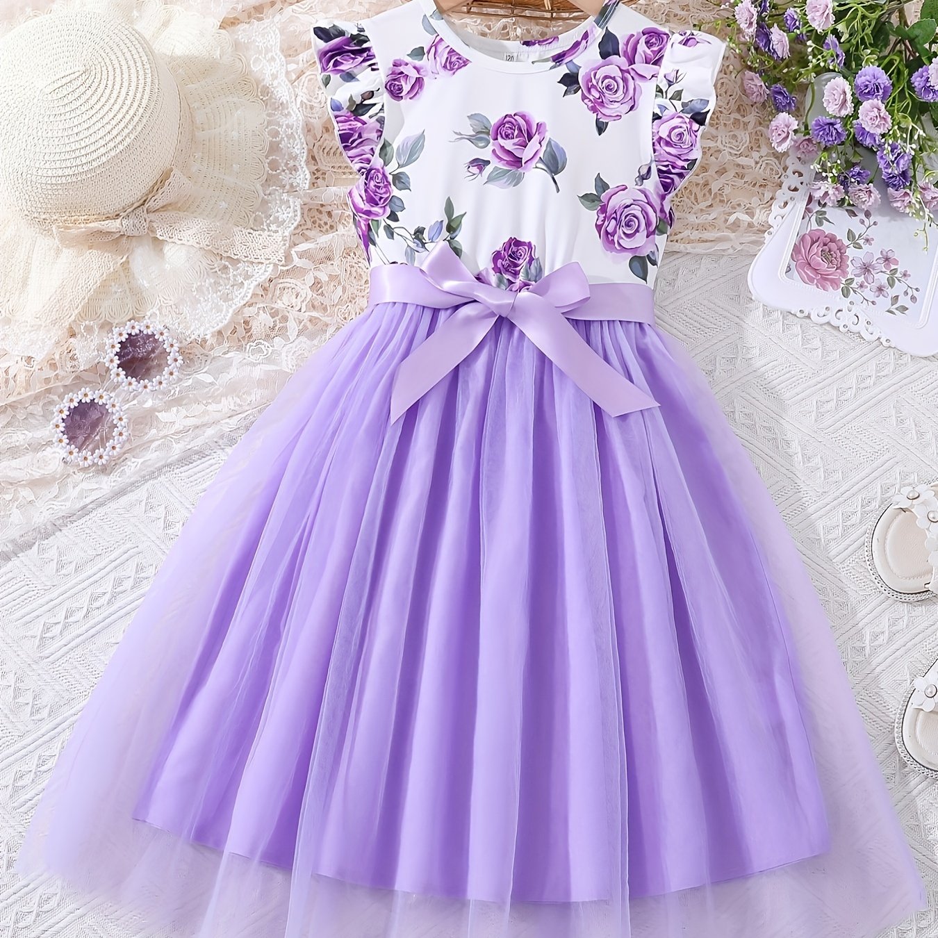 1pc Floral Print Girl's Dress: Elegant polyester summer dress with bow detail and spaghetti straps for children.