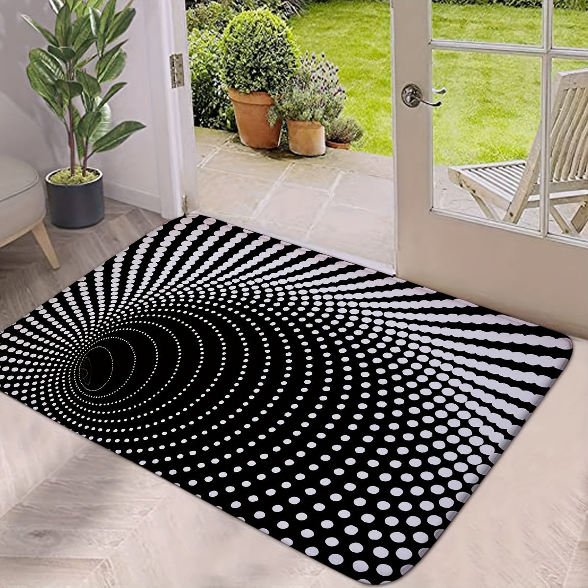 Soft and comfortable, this rectangular welcome mat features a 3D Illusion Black Hole pattern on flannel material. It is non-slip, machine washable, and suitable for both indoor and outdoor entrances and hallways.