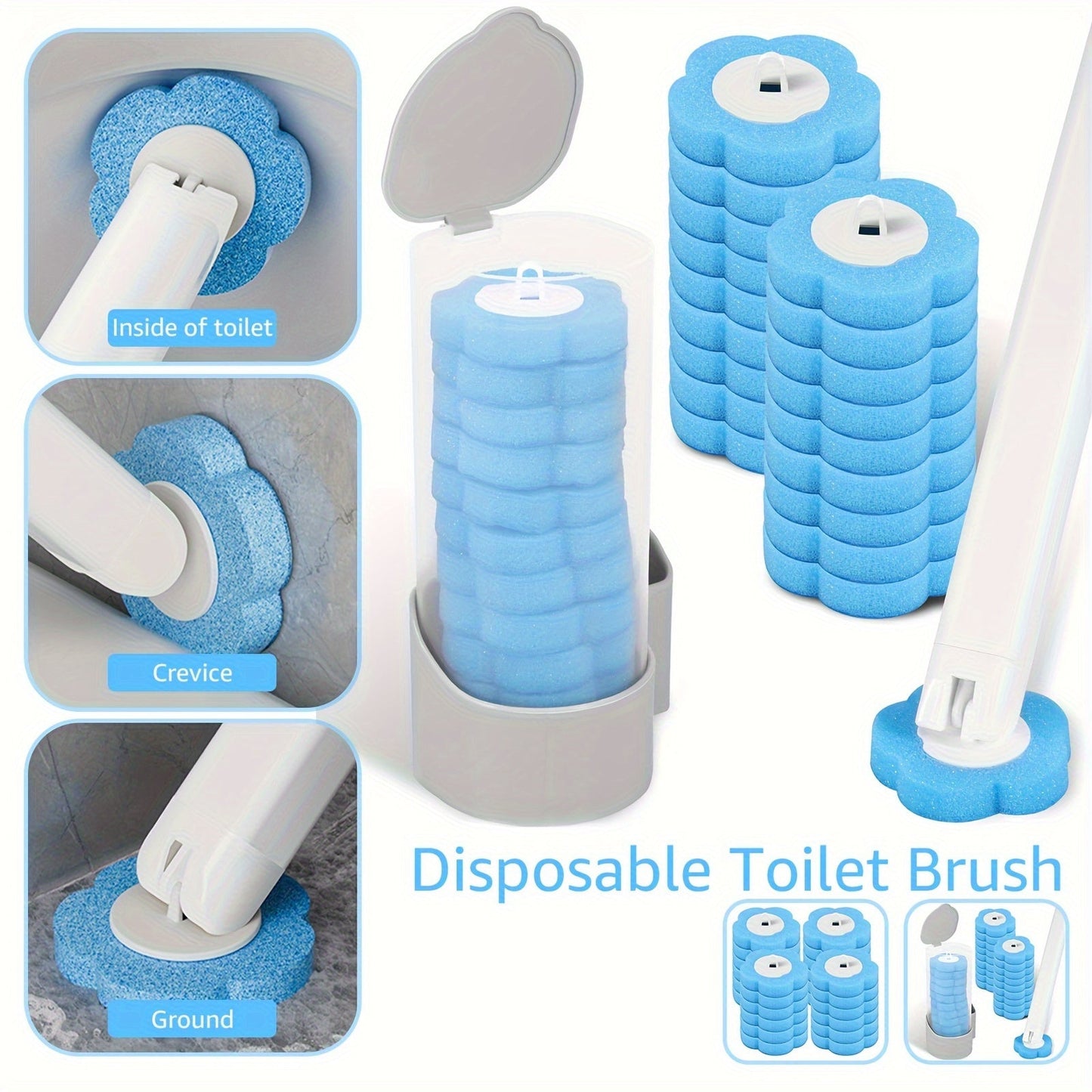 Non-Electric Disposable Toilet Brush Cleaning Kit with 18 Refills - Convenient Wall Mounted Toilet Bowl Cleaner with Adhesive Holder and Storage Caddy - Handle for Easy and Efficient Bathroom Cleaning