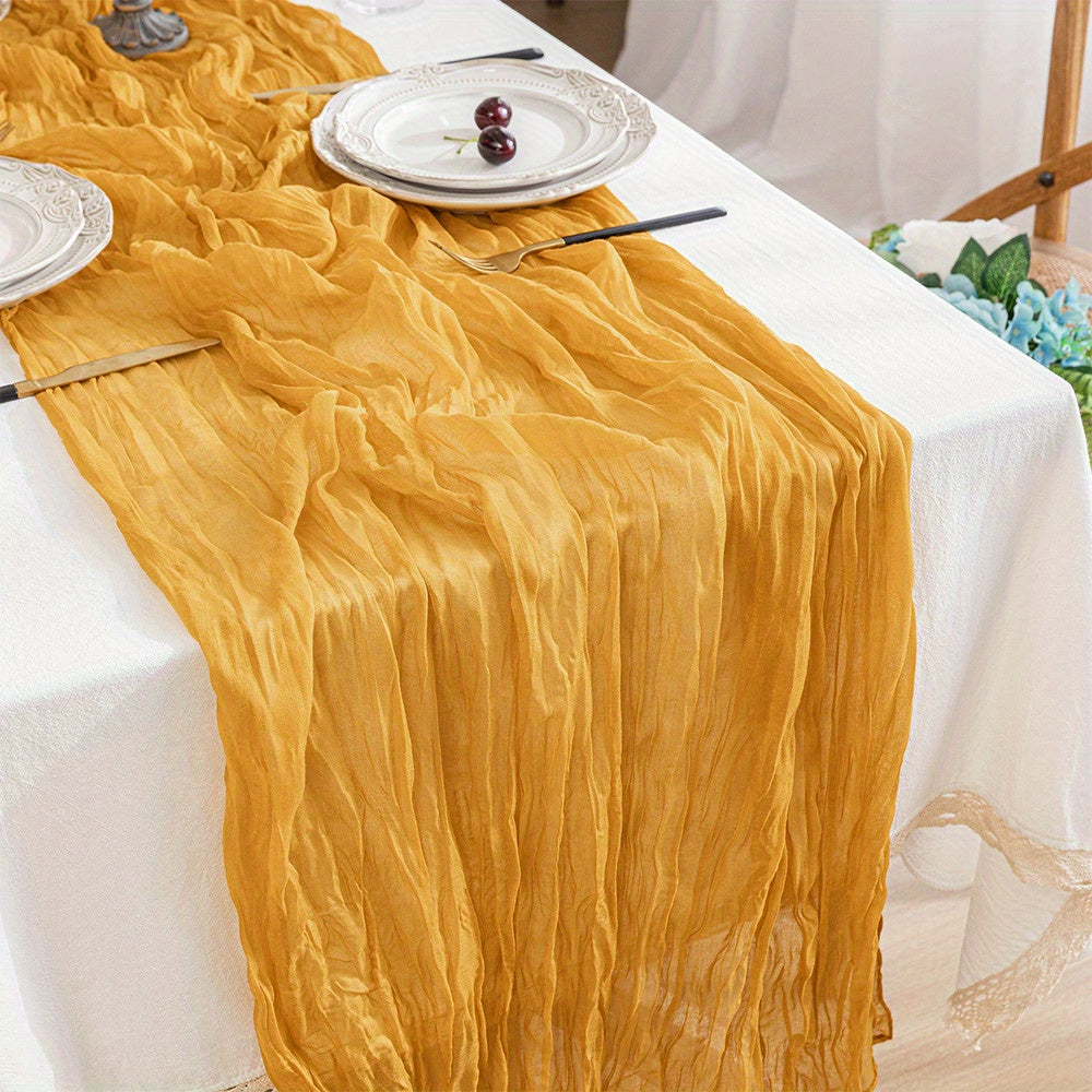 Boho cheesecloth table runner for various occasions and home decor.