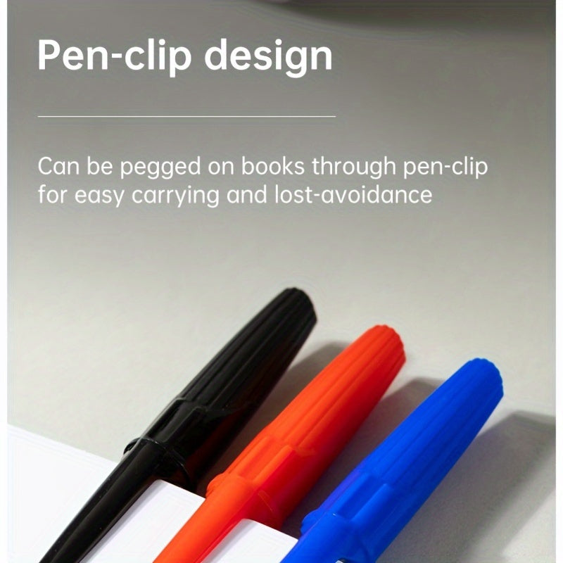 12pcs of blue ball point pens with bullet tip, low viscosity ink, pen-clip design. Suitable for classrooms, offices, libraries.