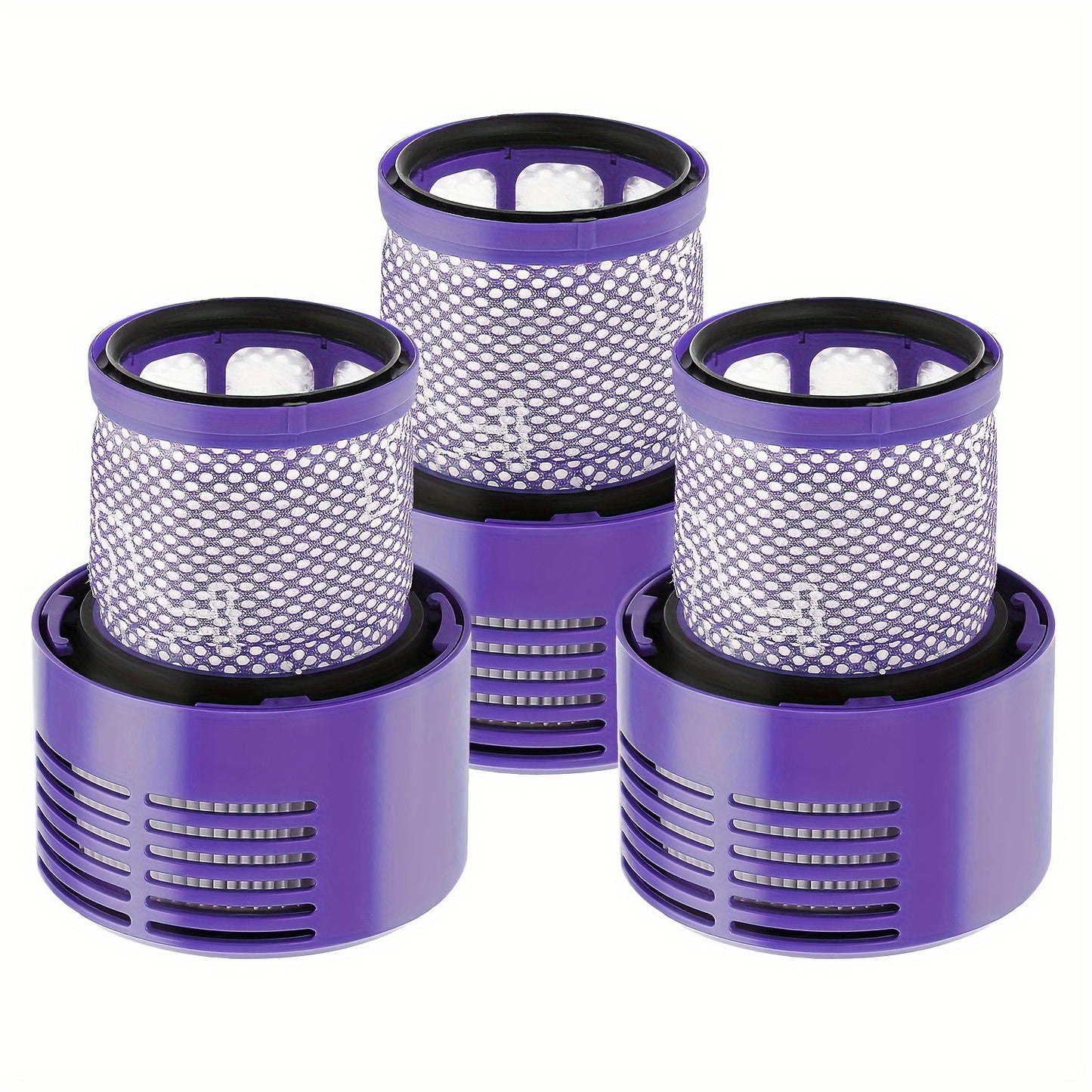 Three pieces of high-efficiency purple mesh V10 filters designed for use with Dyson Cyclone, Absolute, Animal, Total Clean, Motorhead, and SV12 Series. These filters are made from durable plastic and are identified by part number 969082-01.