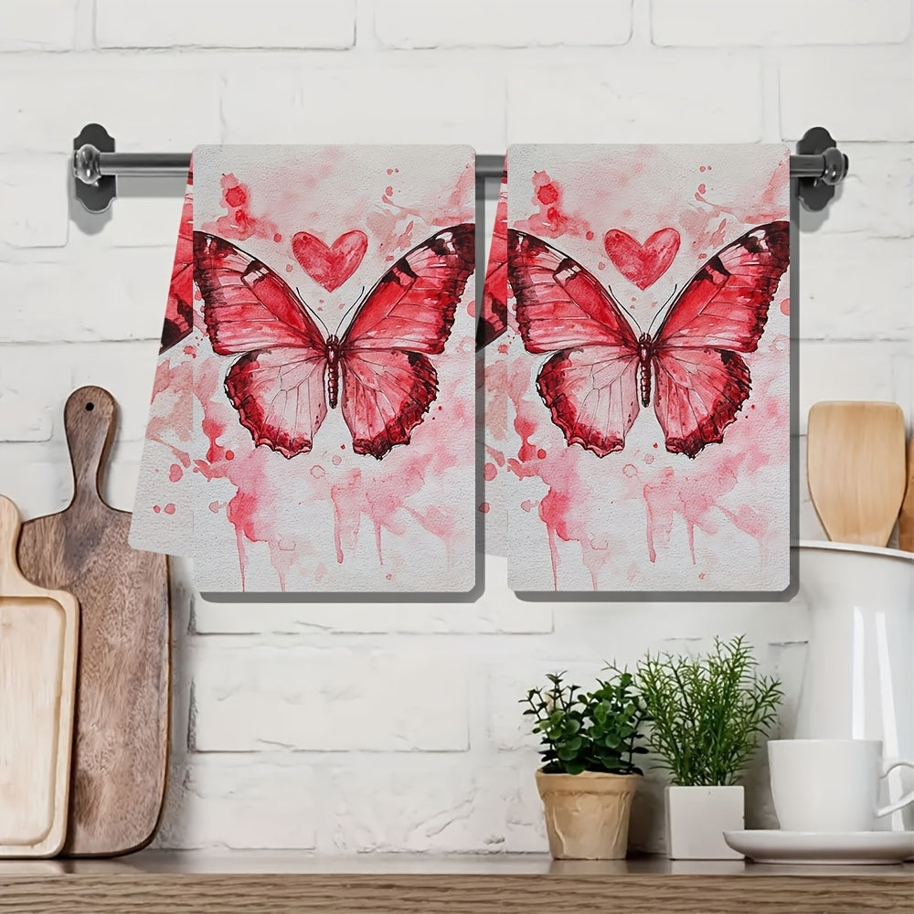 Get into the Valentine's Day spirit with these two ultra soft kitchen towels featuring a vibrant red butterfly and heart design. Made from highly absorbent polyester, these dish hand towels are machine washable and measure 40.64x60.96 cm. Perfect for