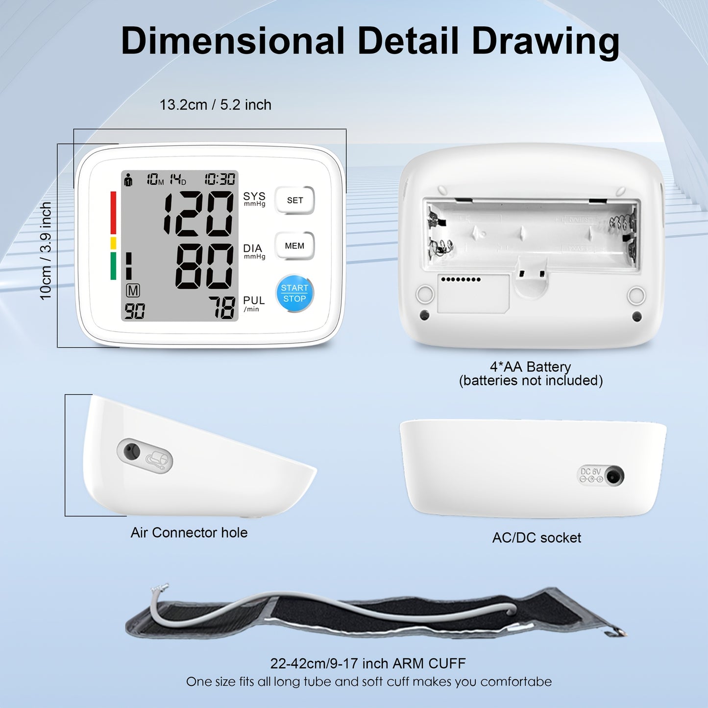 Blood pressure monitor with automatic upper arm cuff, suitable for 22.1-43.18 cm arms.