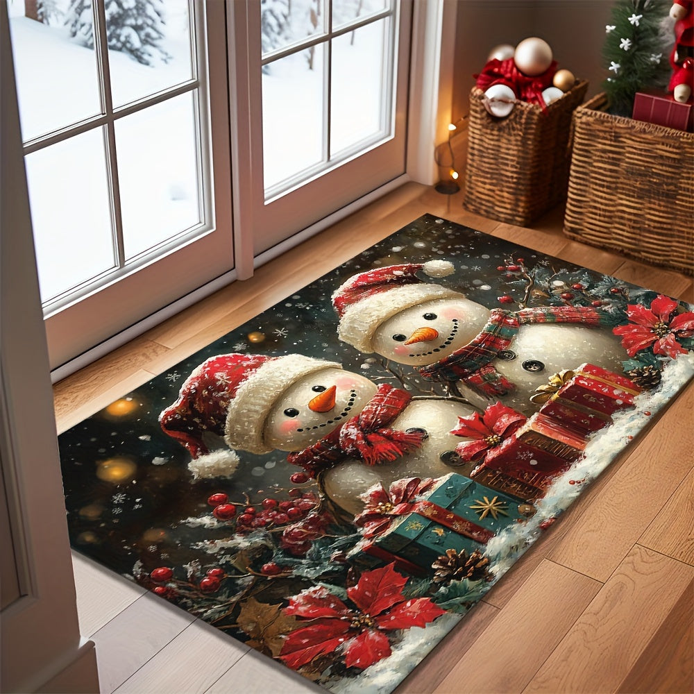 This durable Christmas Snowman Doormat is made of lightweight and washable braided polyester, with a non-slip rubber backing to keep it in place. Perfect for use in the home, living room, bathroom, or balcony. Machine-made for quality and featuring