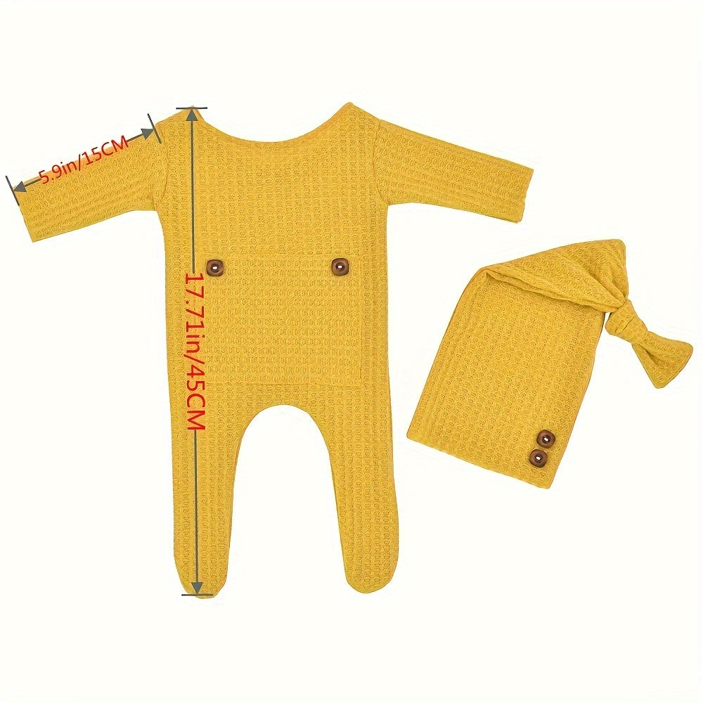 Newborn baby boy clothes set including a long sleeve knitted romper bodysuit, beanie cap, perfect for photography props and toddler photo shooting outfits. Great as a gift for Christmas, Halloween, or Thanksgiving Day.